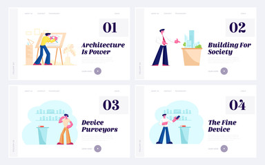 Poster - Architecture Design Studio Website Landing Page Set. Architect Construction Engineer Working on Project Painting Plan and Presenting Buildings Mock Up Web Page Banner. Cartoon Flat Vector Illustration