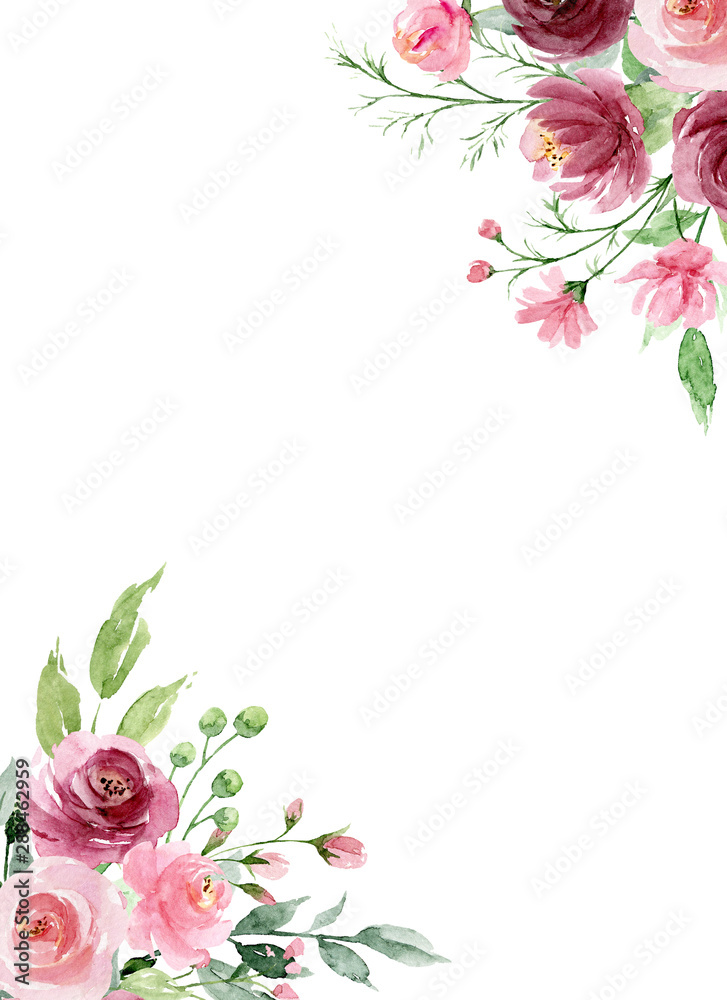 Greeting card template with watercolor flowers, floral frame with pink ...