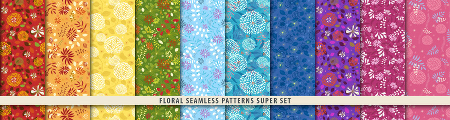 Floral seamless pattern set. Flowers and leaves.. Color vector background. Summer and spring print