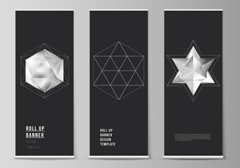 Wall Mural - The vector layout of roll up banner stands, vertical flyers, flags design business templates. 3d polygonal geometric modern design abstract background. Science or technology vector illustration.