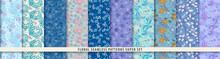 Floral Seamless Pattern Set. Flowers And Leaves.. Blue Vector Background. Summer And Spring Print
