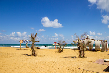 Gold yellow beach and clean blue sky, summer vacation concept photo. It's took at 