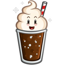 A Cute Happy Root Beer Float Cartoon Character With A Red And White Striped Straw Ready For A Sweet Dessert