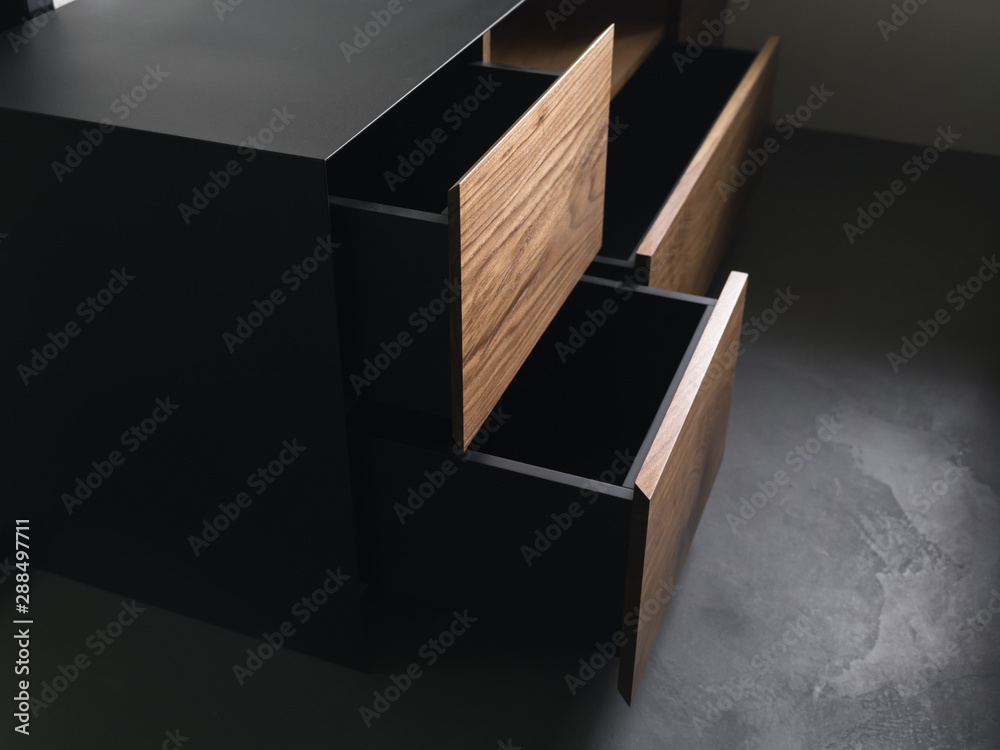 Closeup details of modern tv stand made from walnut and powder coated steed - obrazy, fototapety, plakaty 