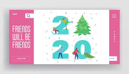 Wall Mural - Winter Holidays Landing Page Template. Merry Christmas and Happy New Year Website Layout with People Characters celebrating 2020. Customized Mobile Web Site Friends Party. Vector illustration