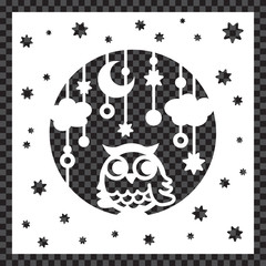 Laser cut out for greeting card, envelope, invitation, interior elements. Suitable for stencil production. Paper cutting template. Decorative carved openwork vector silhouette with owl, moon, stars.