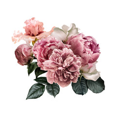 Wall Mural - Floral arrangement, bouquet of garden flowers. Pink peonies, green leaves, white roses, iris isolated on white background. Can be used for your projects, wedding invitations, greeting cards.