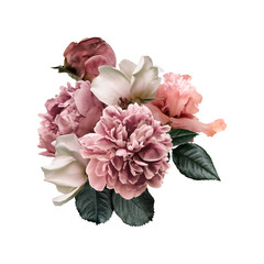 Wall Mural - Floral arrangement, bouquet of garden flowers. Pink peonies, green leaves, white roses, iris isolated on white background. Can be used for your projects, wedding invitations, greeting cards.