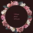 Floral wreath isolated on dark background. Peonies and white roses, pink iris, greenery. For invitation, greeting, wedding card.