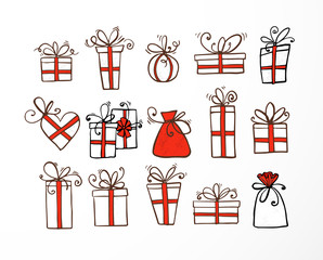 Wall Mural - Set of doodle sketch gift boxes with red ribbond on white background.