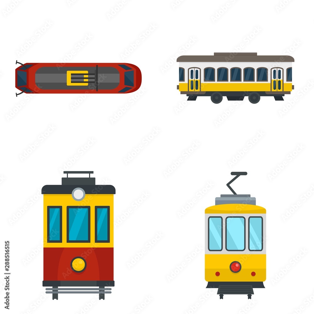 Tram icon set. Flat set of tram vector icons for web design - obrazy, fototapety, plakaty 