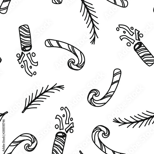 Vector Pattern Contour Drawing Of Candy Canes With Stripes Christmas Tree Branches And Crackers With Confetti Hand Drawn Isolated On A Transparent Background Buy This Stock Vector And Explore Similar Vectors