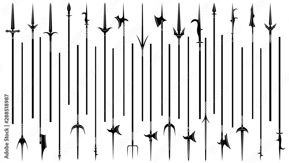 Set of simple monochrome images of lances and halberds. - obrazy, fototapety, plakaty 