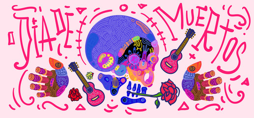 Dia De Muertos Festival Banner Illustration. Doodle Illustration Day of The Dead Mexican Tradition and Religion Festival.