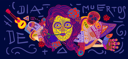 Dia De Muertos Festival Banner Illustration. Doodle Illustration Day of The Dead Mexican Tradition and Religion Festival.