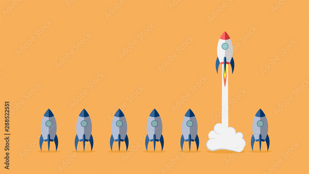 Startup project concept with rocket launch. Vector illustration. - obrazy, fototapety, plakaty 
