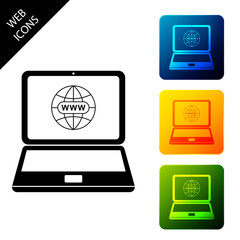 Poster - Website on laptop screen icon isolated. Globe on screen of laptop symbol. World wide web symbol. Internet symbol for your web site design, logo. Set icons colorful square buttons. Vector Illustration