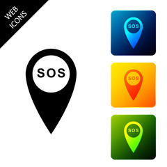 Poster - Marker location with SOS icon isolated. SOS call location marker. Map pointer sign. SOS pinpoint sign with text. Set icons colorful square buttons. Vector Illustration