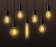 Realistic light bulbs. Hanging vintage edison glowing lamps. Realistic retro light isolated vector interior elements