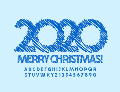 Vector bright Greeting Card Merry Christmas 2020! Blue Uppercase Font.  Sketch Alphabet Letters and Numbers. 