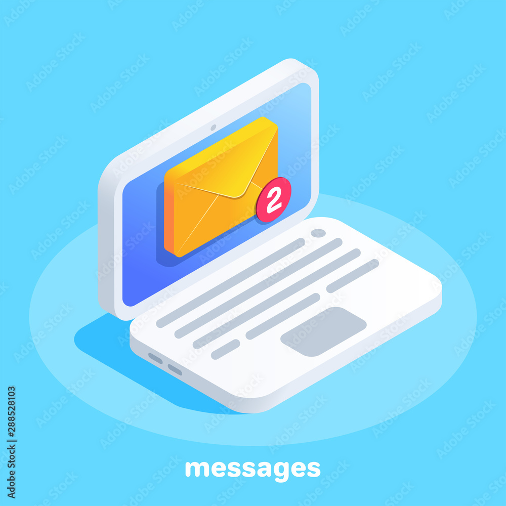 isometric vector image on a blue background, a laptop with an envelope ...
