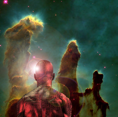 Wall Mural - surreal digital art. naked man with electric circuit pattern on his skin stands before horse nebula 