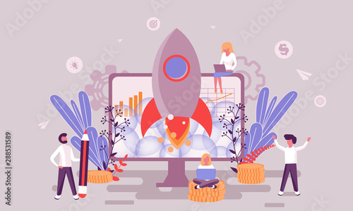 Cuadros en Lienzo Flat web page design template of business startup homepage or header decorated people character for website and mobile website development