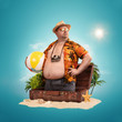 © rangizzz - Ready for the holidays, travel concept. Funny overweight man standing out of the suitcase.