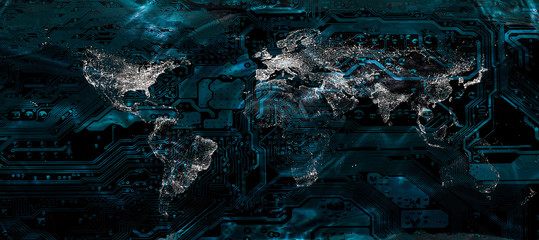 Wall Mural - Global city lights world map on the motherboard pattern. Elements of this image furnished by NASA.