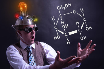 Nerd presenting handdrawn chemical formula of formic glucose