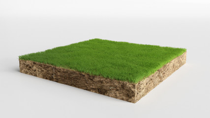 3d cubical grass land with soil geology cross section, 3d illustration ground ecology isolated on wh