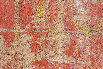 Wall Mural - Old cracked weathered shabby red yellow painted plastered peeled wall banner background.