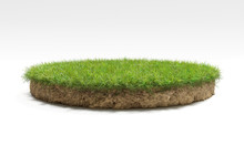 Realistic 3D Rendering Circle Cutaway Terrain Floor With Rock Isolated, 3D Illustration Round Soil Ground Cross Section With Earth Land And Green Grass