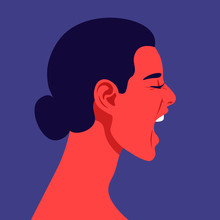 Screaming Woman's Face In Profile. Head Of A Girl In Stress On The Side. Aggression And Irritation. Vector Flat Illustration