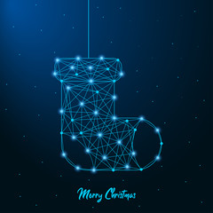 Aufkleber - Merry Christmas and New Year design with low poly Christmas sock. Holiday card or banner made by points and lines, polygonal wireframe mesh. Vector illustration.