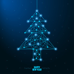 Wall Mural - Merry Christmas and New Year design with low poly Christmas tree. Holiday card or banner made by points and lines, polygonal wireframe mesh. Vector illustration.