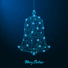 Poster - Merry Christmas and New Year design with low poly Christmas bell. Holiday card or banner made by points and lines, polygonal wireframe mesh. Vector illustration.