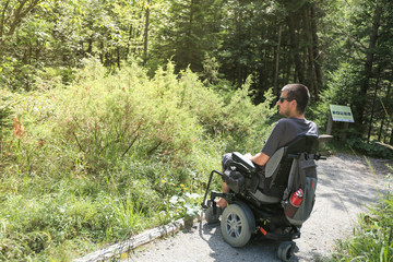Wall Mural - Happy man on wheelchair in nature. Exploring forest wilderness on an accessible dirt path.