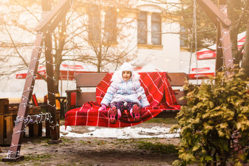 Wall Mural - Happy Christmas - Little girl and Christmas tree