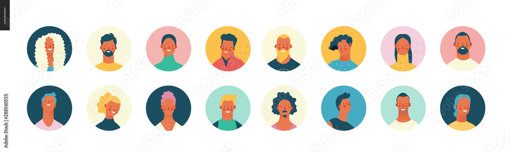 Bright people portraits set - hand drawn flat style vector design concept illustration of young men and women, male and female faces avatars. Flat style vector round icons set - obrazy, fototapety, plakaty 