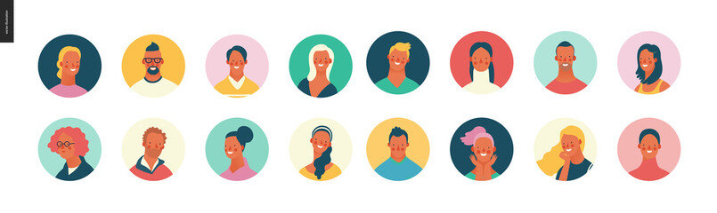 Bright people portraits set - hand drawn flat style vector design concept illustration of young men and women, male and female faces avatars. Flat style vector round icons set