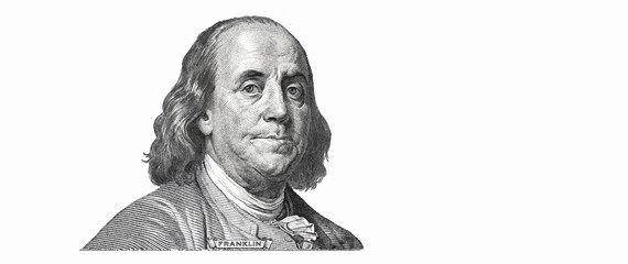 Wall Mural - Benjamin Franklin cut on new 100 dollars banknote isolated on white background