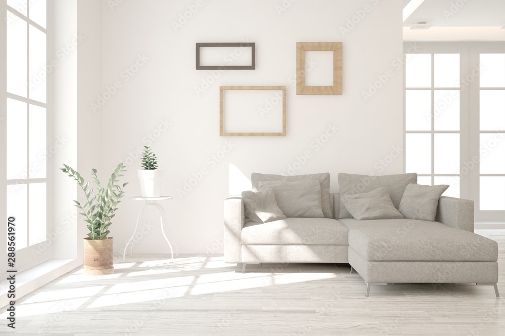 Stylish room in white color with sofa. Scandinavian interior design. 3D illustration - obrazy, fototapety, plakaty 