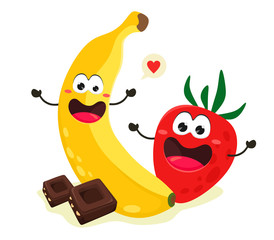 Wall Mural - Fun and cute banana with strawberries and pieces of chocolate. Vector illustration on a white background.