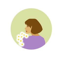 Sticker - Beautiful woman holding a bouquet of flowers in her hand. Illustration in cartoon style