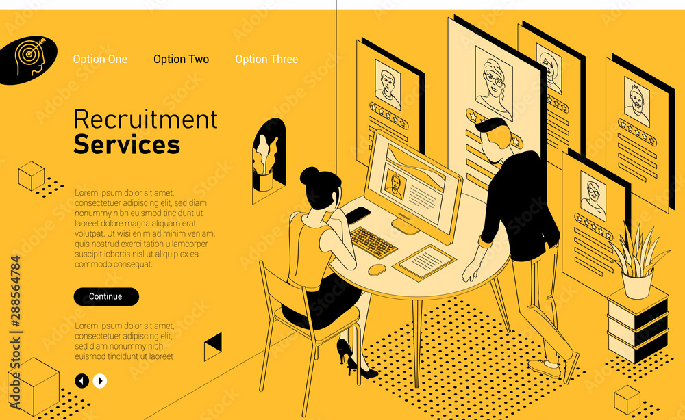 Yellow Recruiting Module Recruiting and hiring mobile app isometric website template. Black and ...