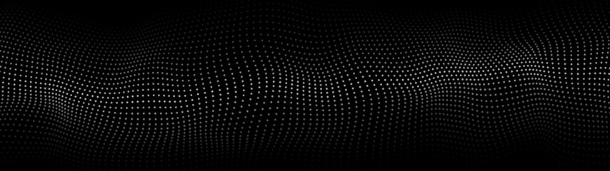 Fototapete - Abstract dynamic wave of particles. Big data. Low poly shape. Wave of gradient dots on black background. Futuristic vector illustration.