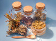 Dry herbs in cork bottles - natural traditional homeopathic medicine