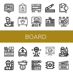 Poster - Set of board icons such as Billboard, Chess, Clipboard, Fences, Mortarboard, Paper cutter, Stand, Kitchen, Snowboarder, Cap, Basketball, Counter, Presentation, Cpu, Surfer , board