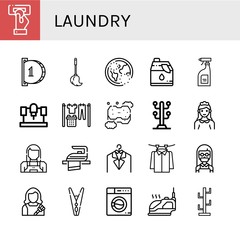 Poster - Set of laundry icons such as Insert coin, Mop, Ozone, Cleaner, Cleaning products, Machine, Laundry, Sponge, Coat stand, Maid, Iron, Housekeeper, Clothespin, Washing machine , laundry